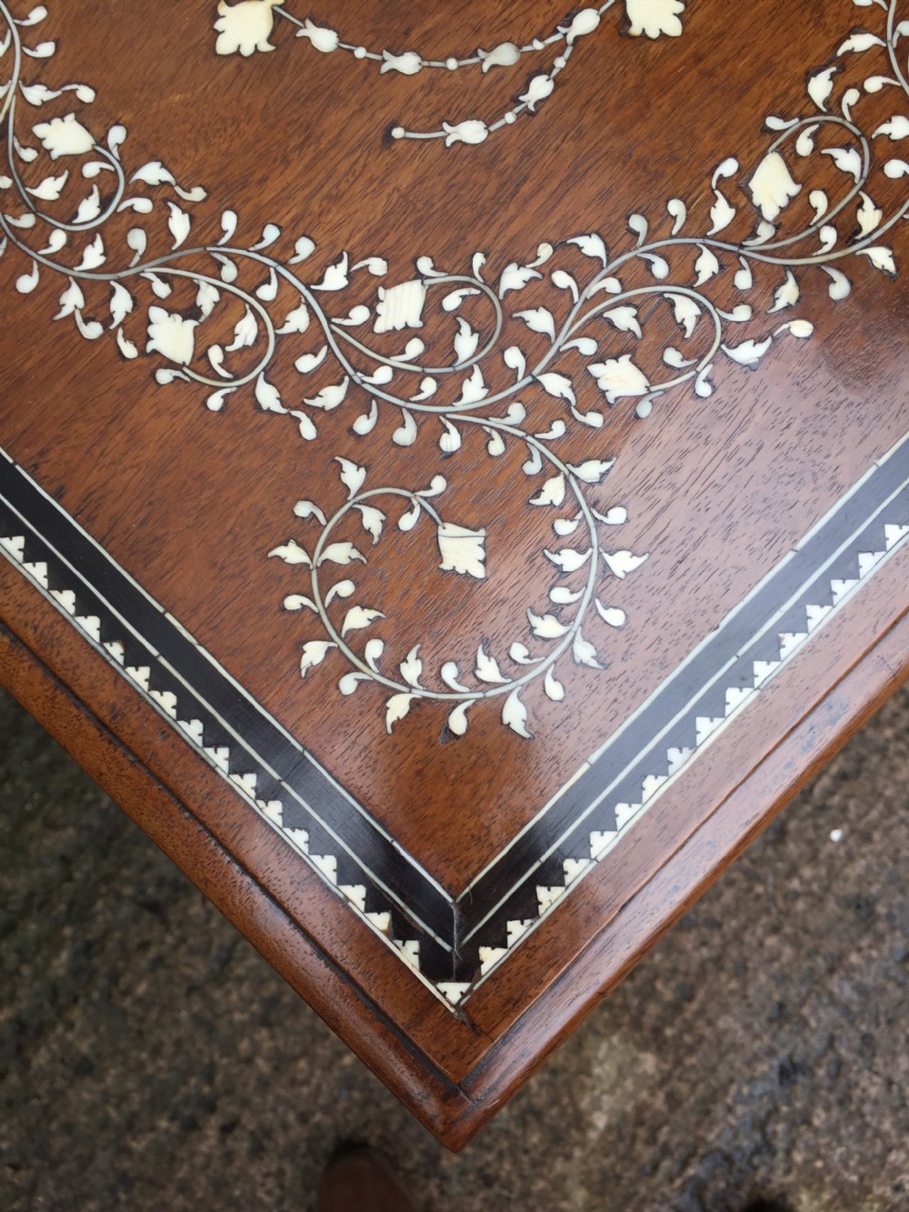Late C19th Anglo-Indian two-tier teak lamp table with ivory and ebony design inlay. View VIII
