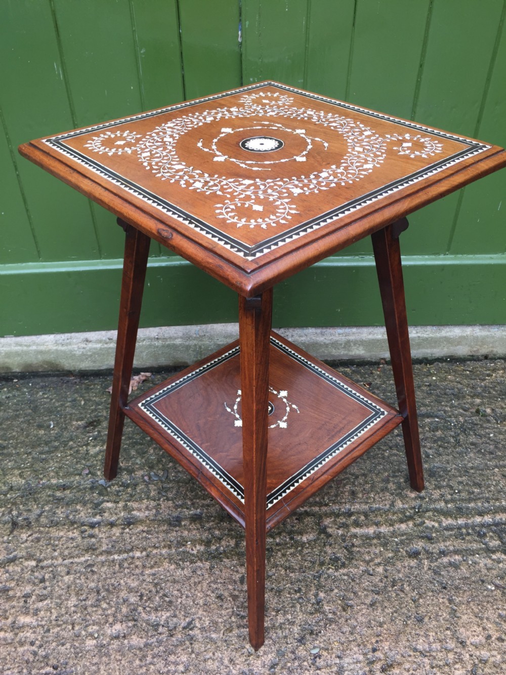 Late C19th Anglo-Indian two-tier teak lamp table with ivory and ebony design inlay. View IX