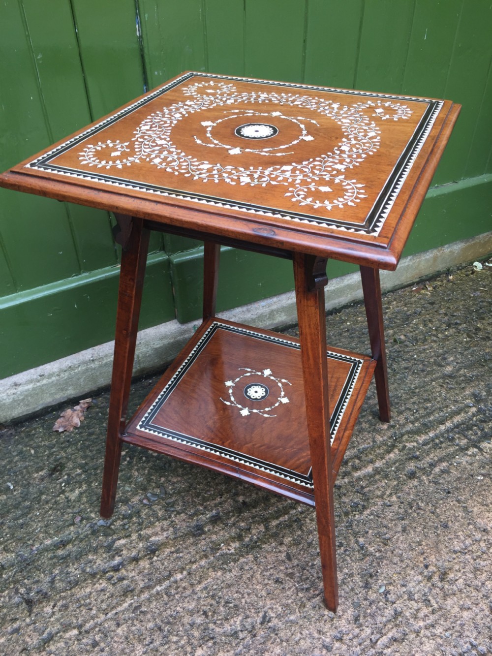 Late C19th Anglo-Indian two-tier teak lamp table with ivory and ebony design inlay. View X