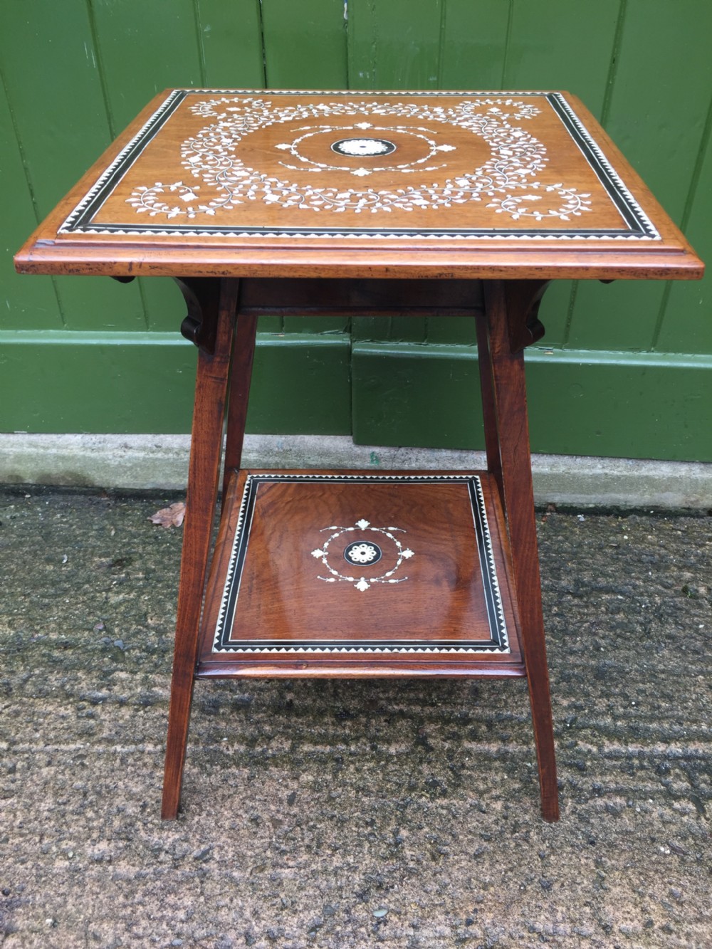 Late C19th Anglo-Indian two-tier teak lamp table with ivory and ebony design inlay. View XI