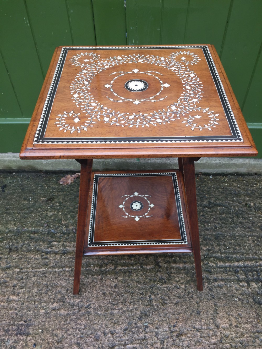 Late C19th Anglo-Indian two-tier teak lamp table with ivory and ebony design inlay. View XII