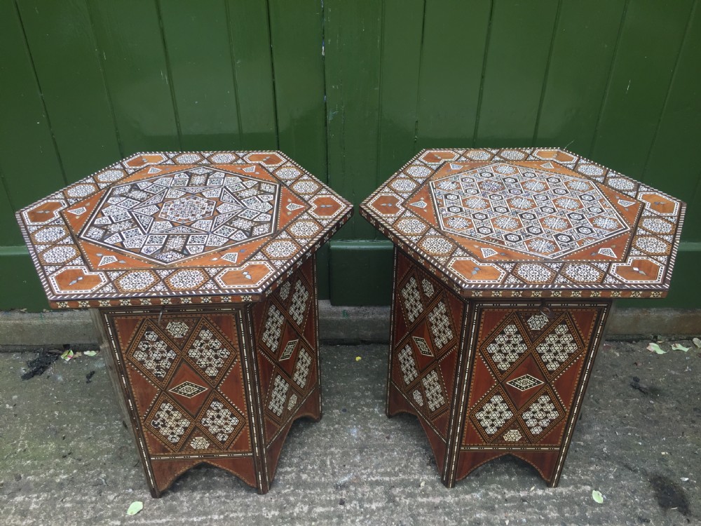 Pair of late C19th Syrian inlaid octagonal tables with rising tops . View II