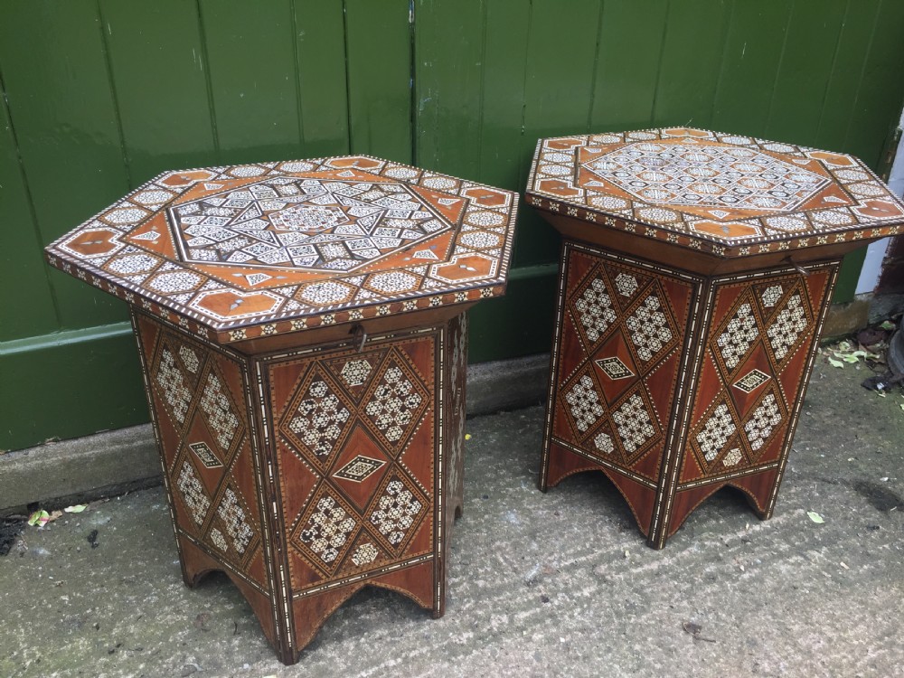 Pair of late C19th Syrian inlaid octagonal tables with rising tops . View III