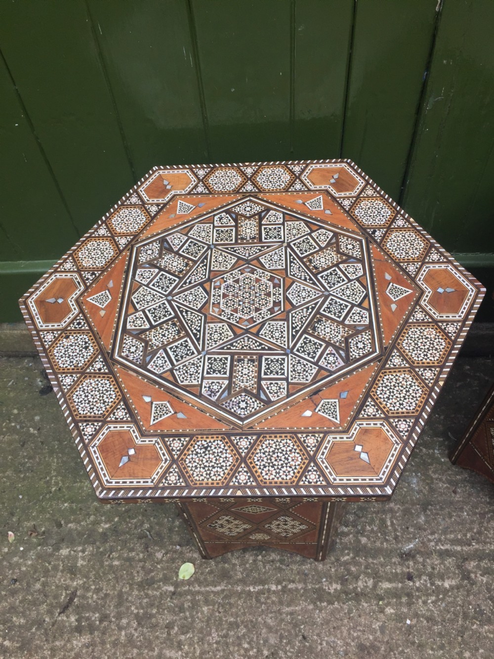 Pair of late C19th Syrian inlaid octagonal tables with rising tops . View IV