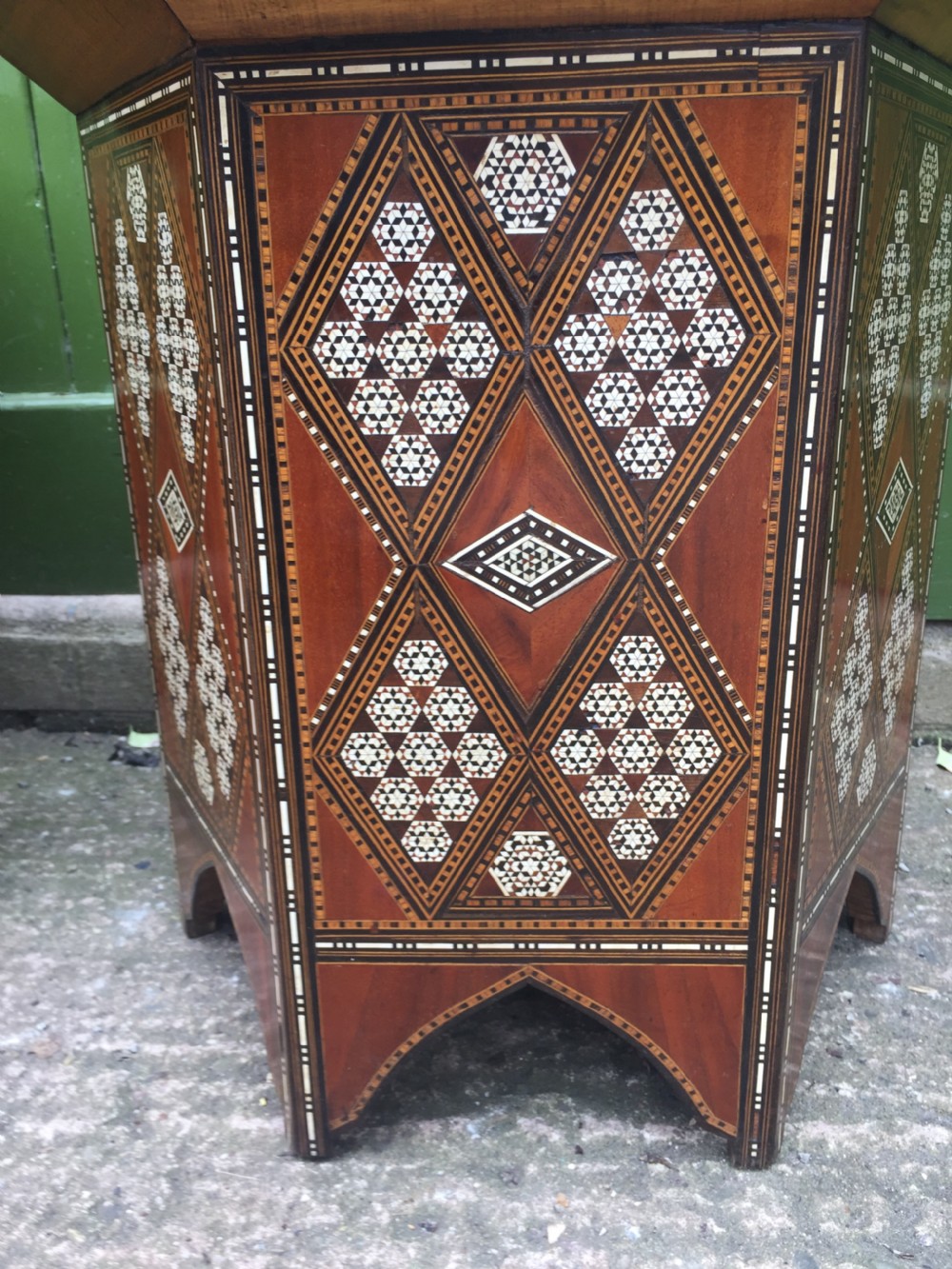 Pair of late C19th Syrian inlaid octagonal tables with rising tops . View V