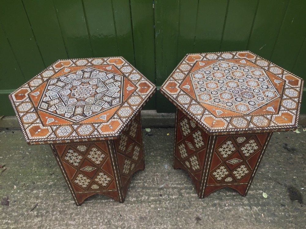 Pair of late C19th Syrian inlaid octagonal tables with rising tops . View VI