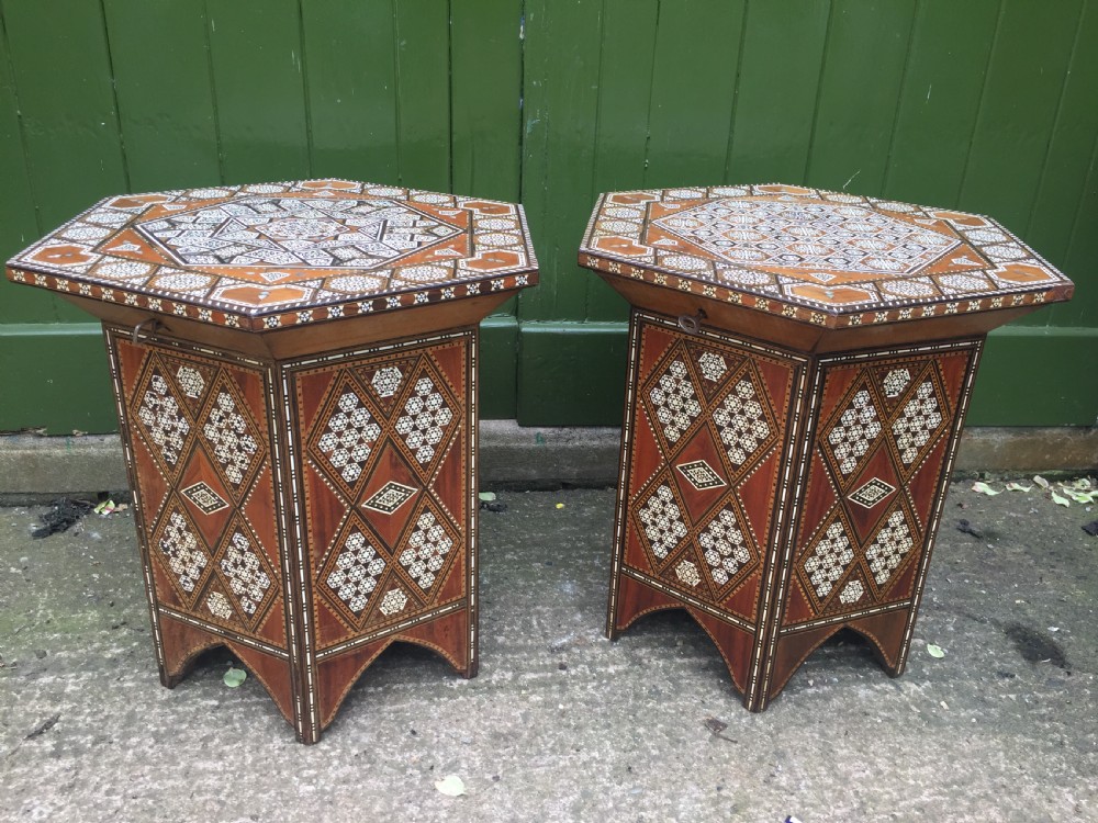 Pair of late C19th Syrian inlaid octagonal tables with rising tops . View VIII