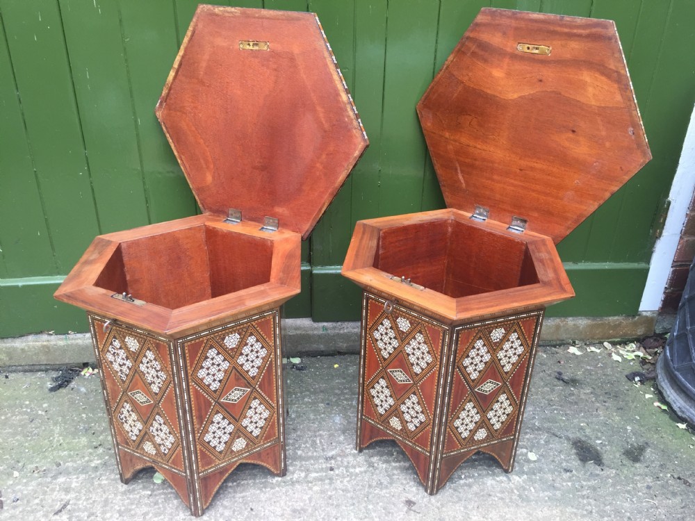 Pair of late C19th Syrian inlaid octagonal tables with rising tops . View XVII