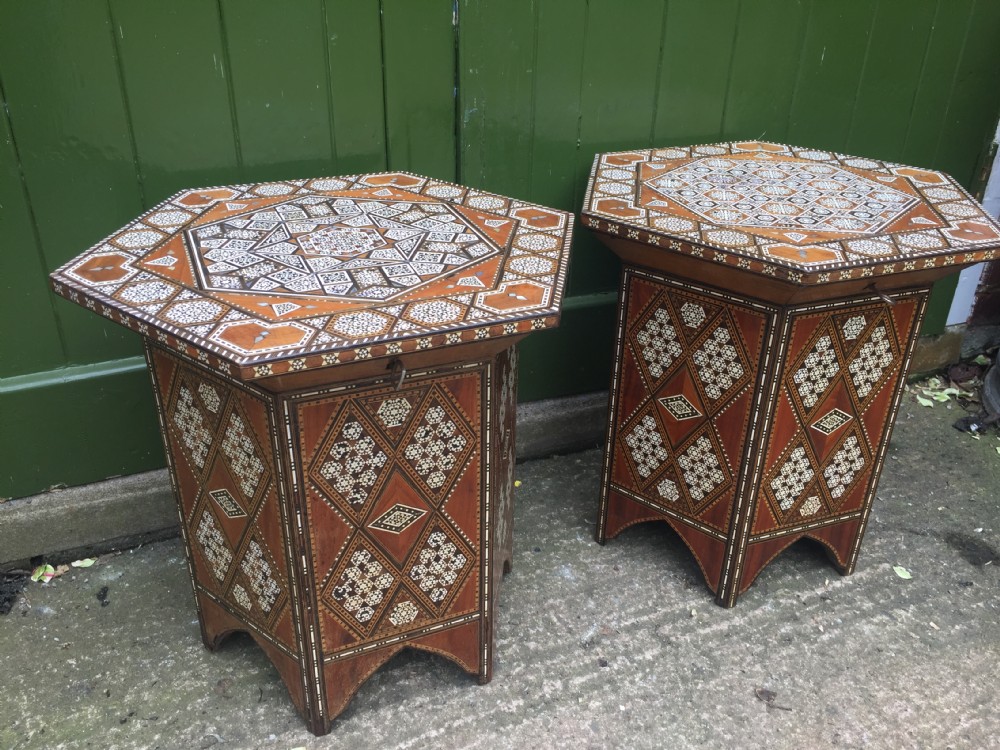 Pair of late C19th Syrian inlaid octagonal tables with rising tops . View XXI