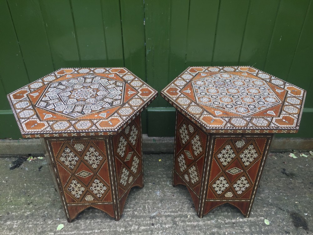 Pair of late C19th Syrian inlaid octagonal tables with rising tops . View XXVIII