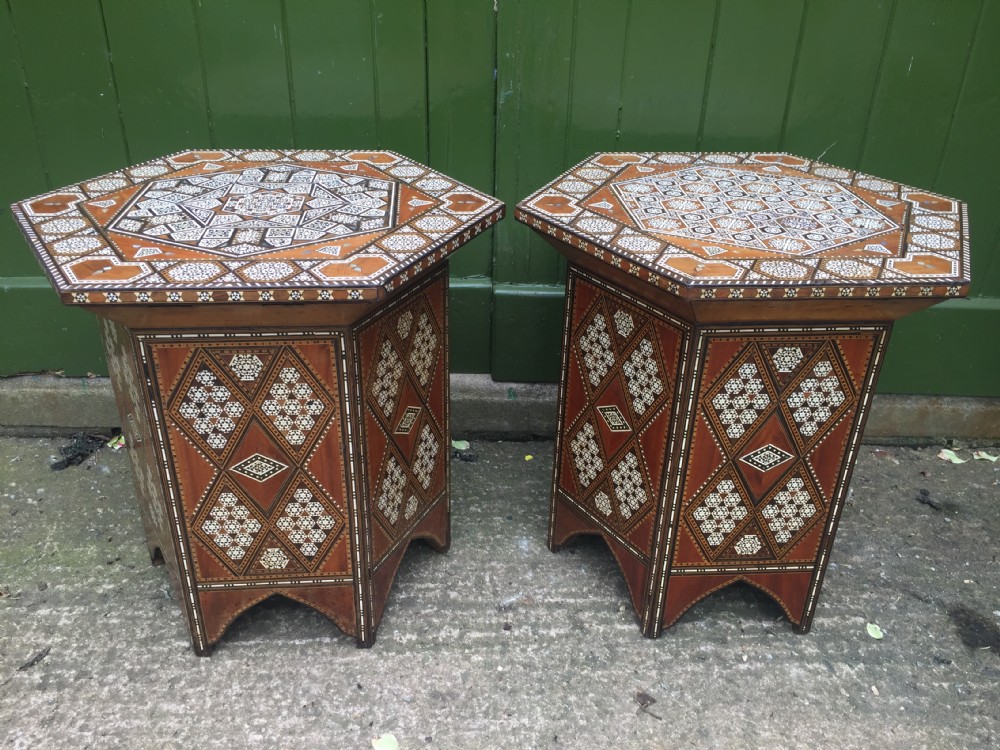 Pair of late C19th Syrian inlaid octagonal tables with rising tops . View XXX