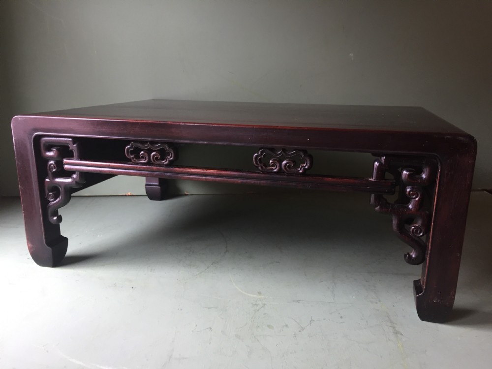A late 19th-century Chinese dark hongmu hardwood scholars low table featuring carved cloud motif spandrels and straight legs. View XXIII