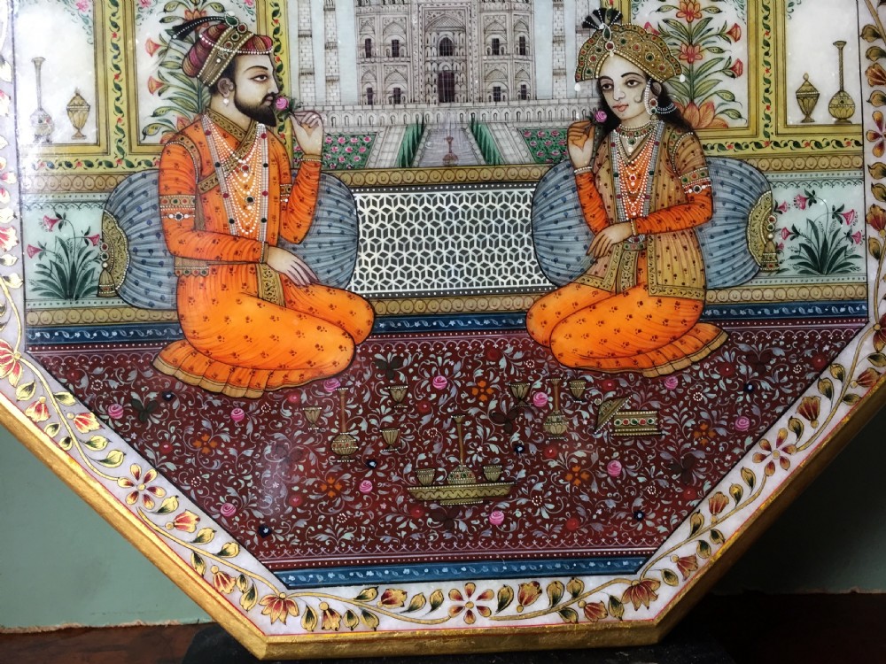 Finely painted early C20th Indian octagonal marble panel depicting Shah Jahan and Mumtaz Mahal , posed on a carpet before the Taj Mahal in Agra. View X