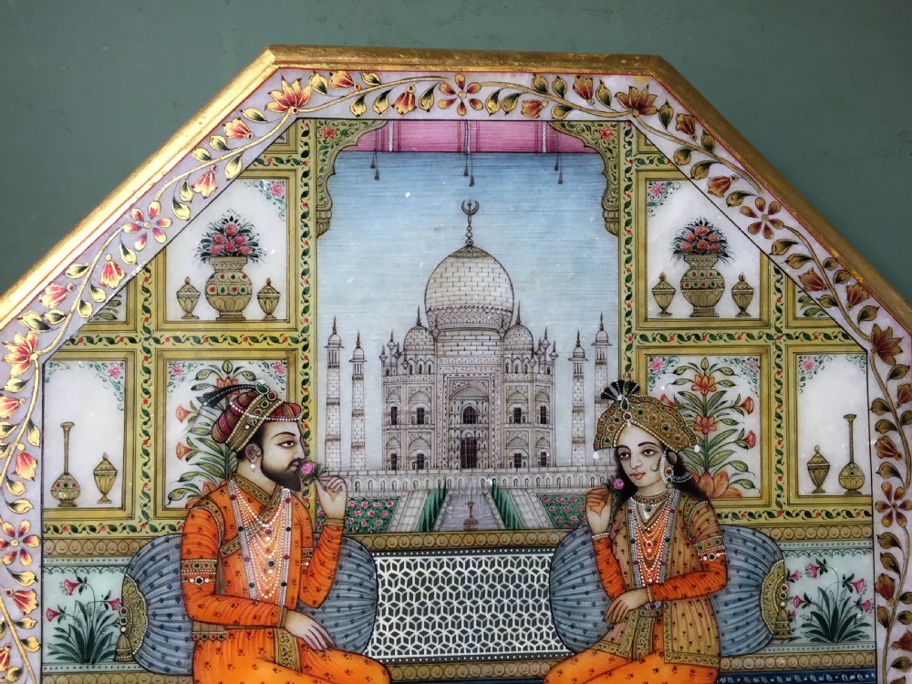 Finely painted early C20th Indian octagonal marble panel depicting Shah Jahan and Mumtaz Mahal , posed on a carpet before the Taj Mahal in Agra. View XII
