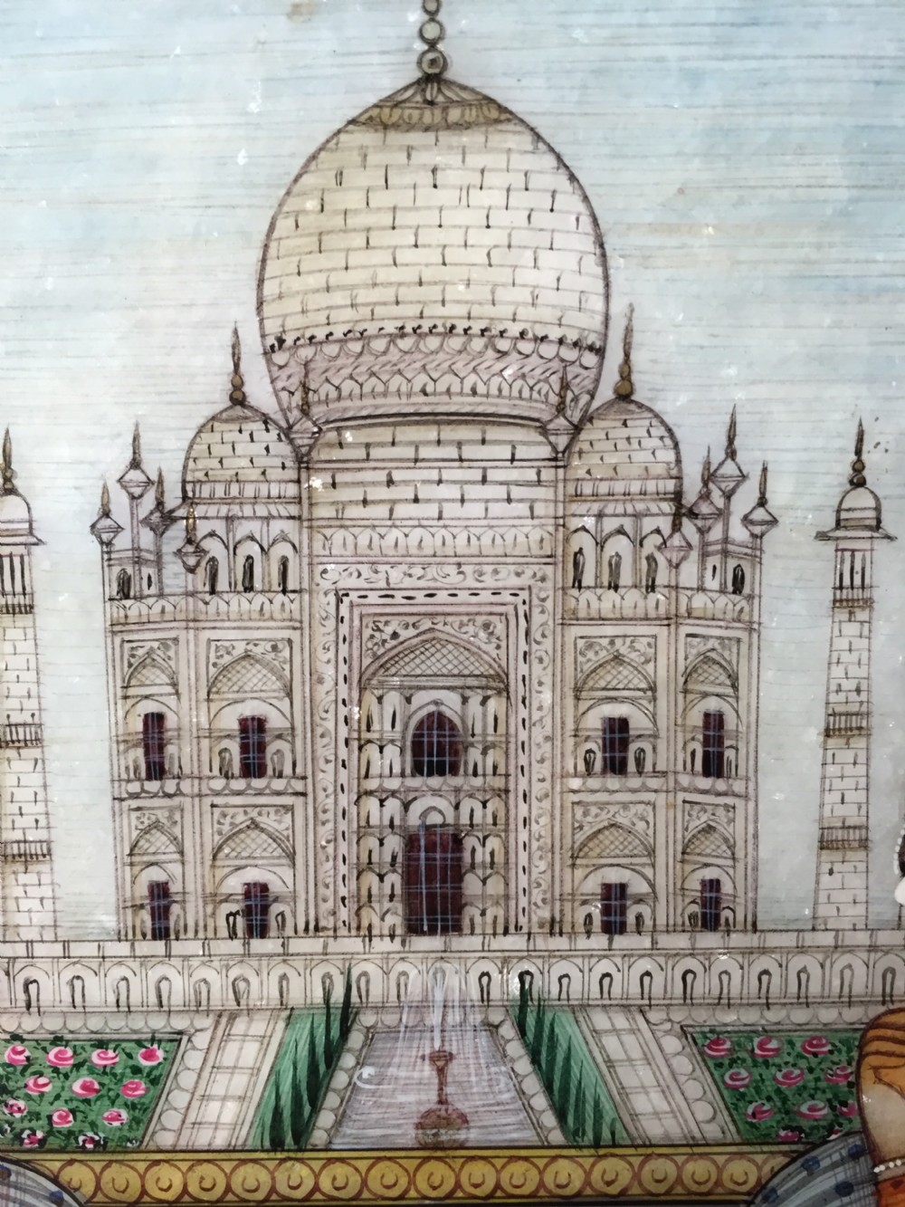 Finely painted early C20th Indian octagonal marble panel depicting Shah Jahan and Mumtaz Mahal , posed on a carpet before the Taj Mahal in Agra. View XVII