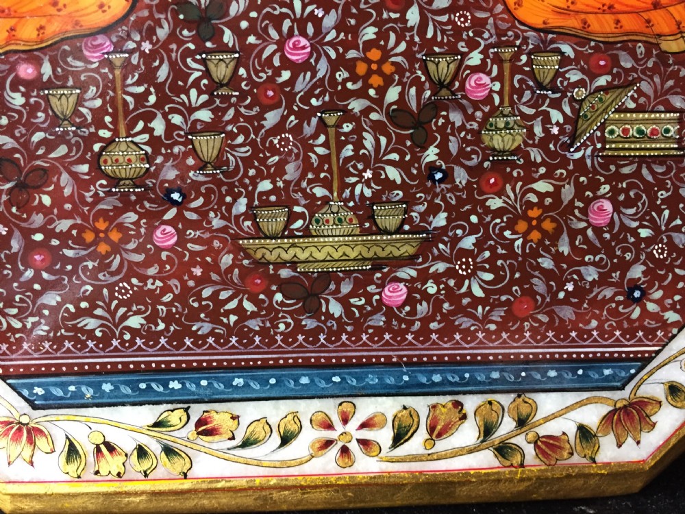 Finely painted early C20th Indian octagonal marble panel depicting Shah Jahan and Mumtaz Mahal , posed on a carpet before the Taj Mahal in Agra. View XVIII
