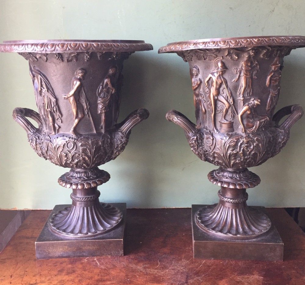 Pair of late C19th French bronze 'Grand Tour' souvenir reductions of the Medici vase.