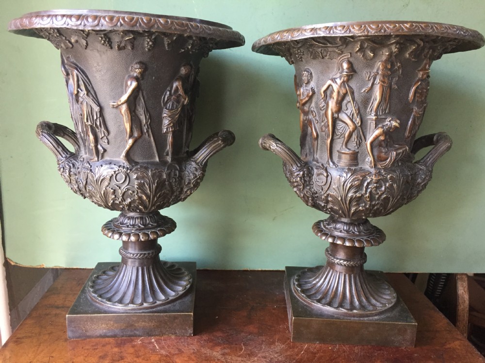 Pair of late C19th French bronze 'Grand Tour' souvenir reductions of the Medici vase. View XVII