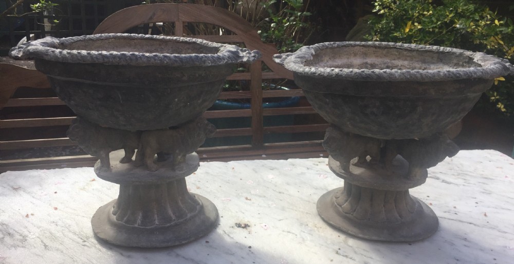Pair of early C19th lead planters or jardinieres of tazza form raised on unusual triple pacing lion supports. View III