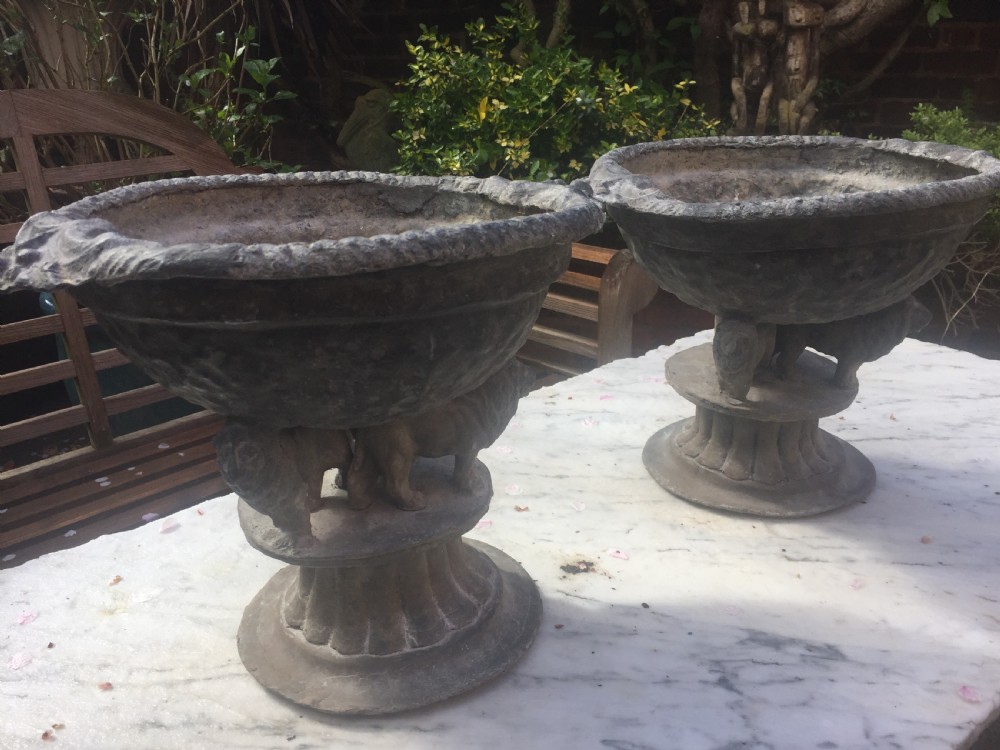 Pair of early C19th lead planters or jardinieres of tazza form raised on unusual triple pacing lion supports. View VII