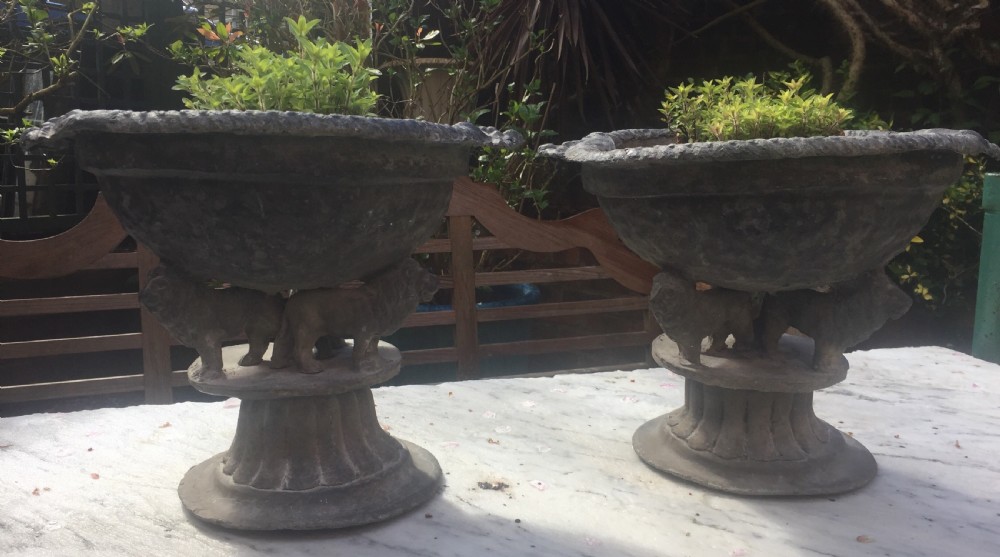 Pair of early C19th lead planters or jardinieres of tazza form raised on unusual triple pacing lion supports. View IX