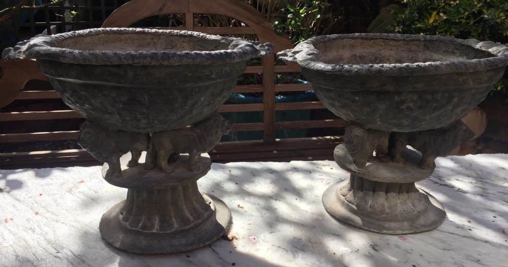 Pair of early C19th lead planters or jardinieres of tazza form raised on unusual triple pacing lion supports. View XX