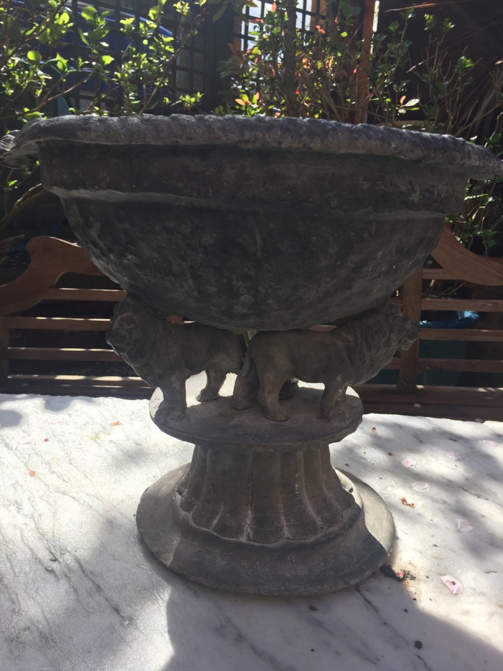 Pair of early C19th lead planters or jardinieres of tazza form raised on unusual triple pacing lion supports. View XXIII