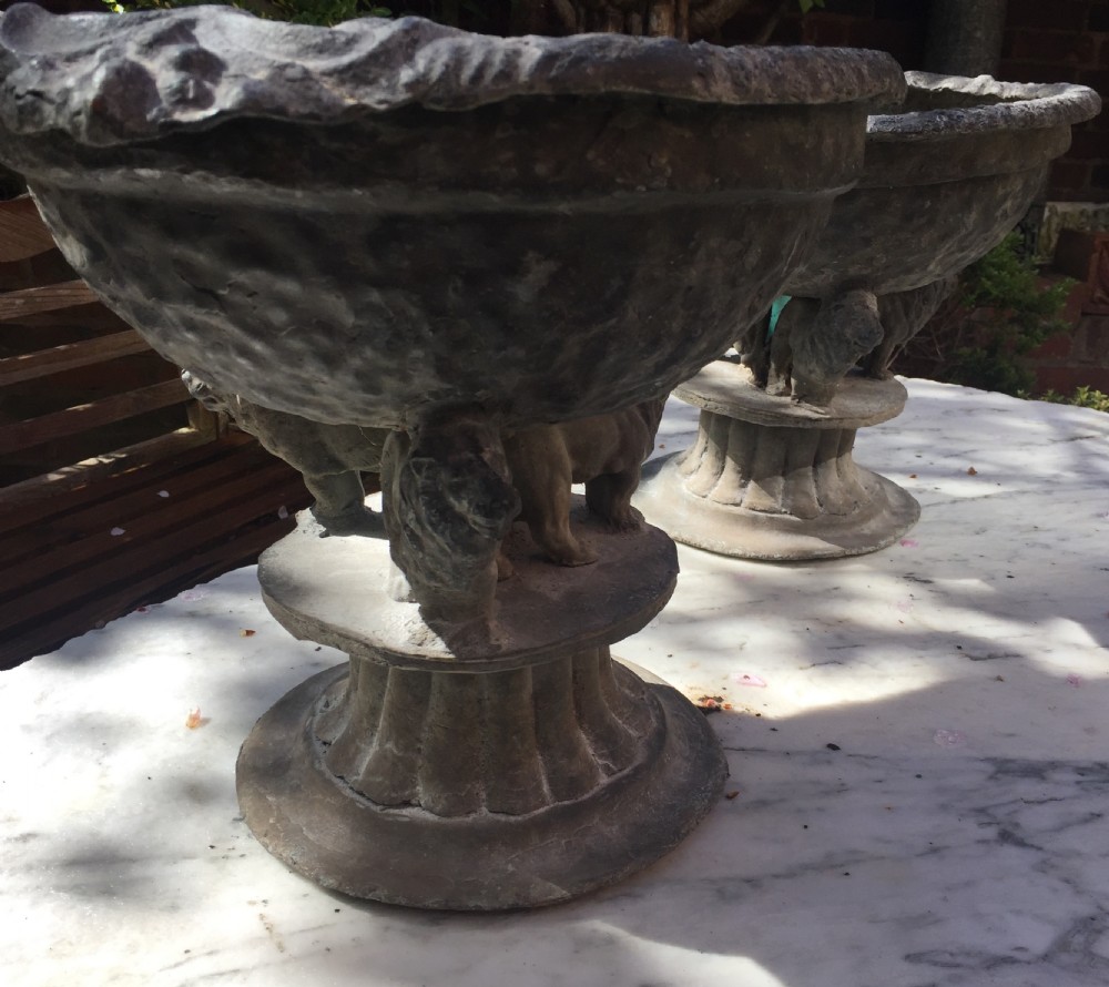 Pair of early C19th lead planters or jardinieres of tazza form raised on unusual triple pacing lion supports. View XXIV
