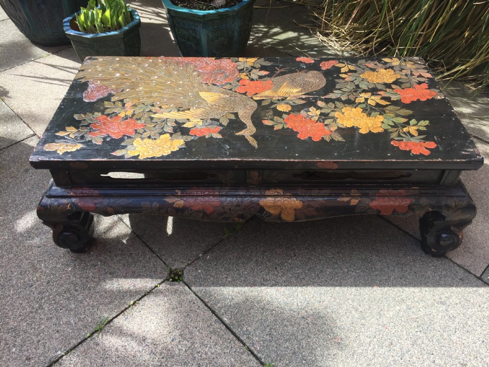 Early C20th Japanese carved lacquer Taisho period low reception or coffee  table. View XIX