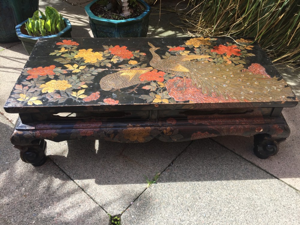 Early C20th Japanese carved lacquer Taisho period low reception or coffee  table. View XXI