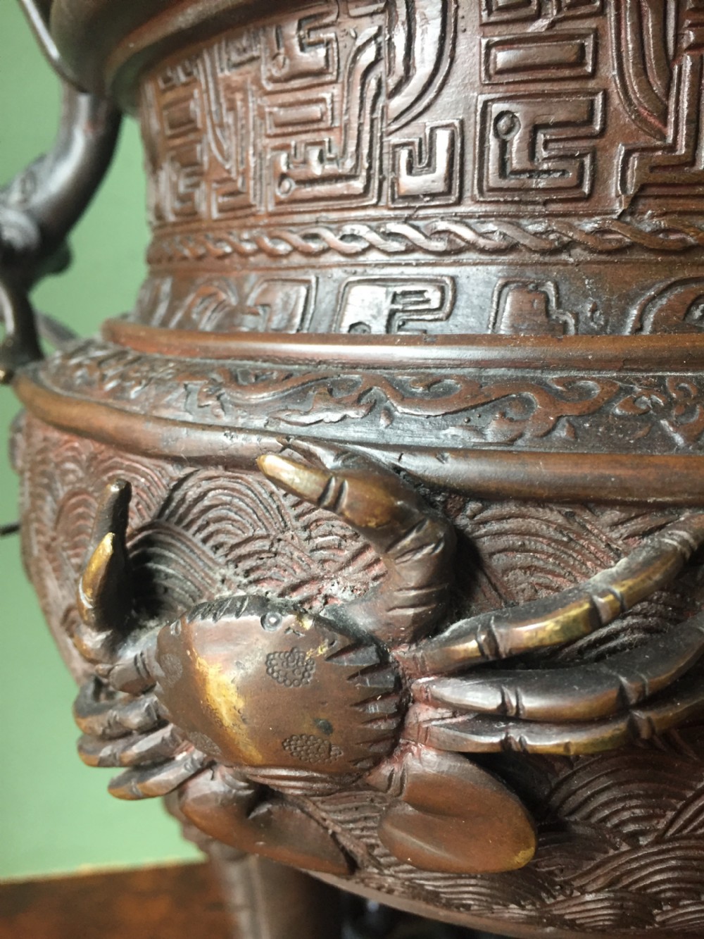 C19th Chinese Qing Dynasty cast bronze 'dragon' censer , or incense burner , and cover on original carved hardwood stand . View VIII