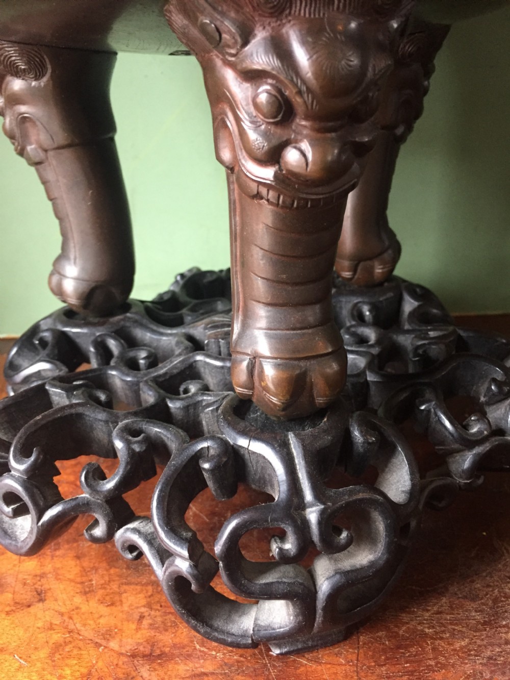 C19th Chinese Qing Dynasty cast bronze 'dragon' censer , or incense burner , and cover on original carved hardwood stand . View XIII