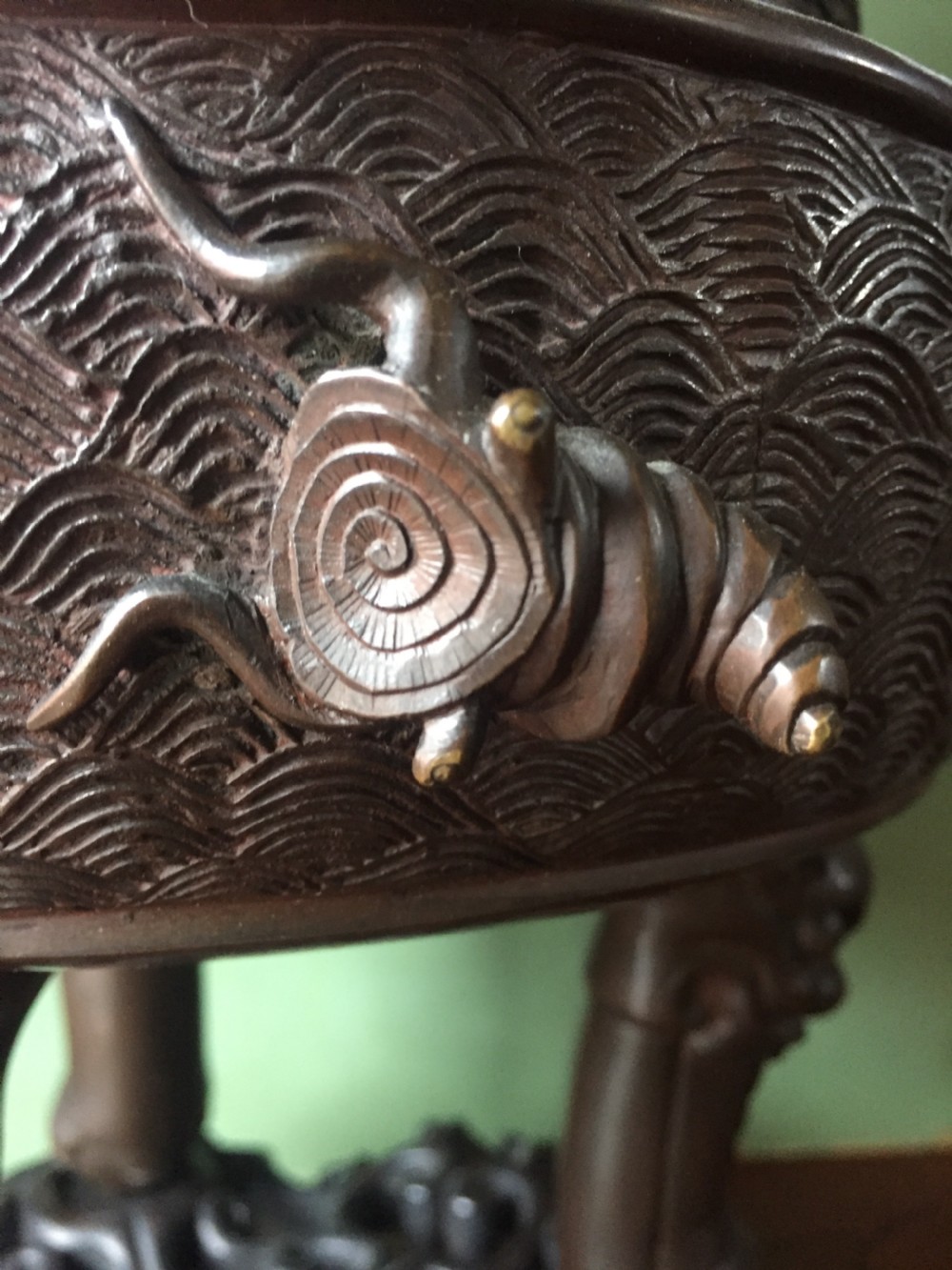 C19th Chinese Qing Dynasty cast bronze 'dragon' censer , or incense burner , and cover on original carved hardwood stand . View XIV