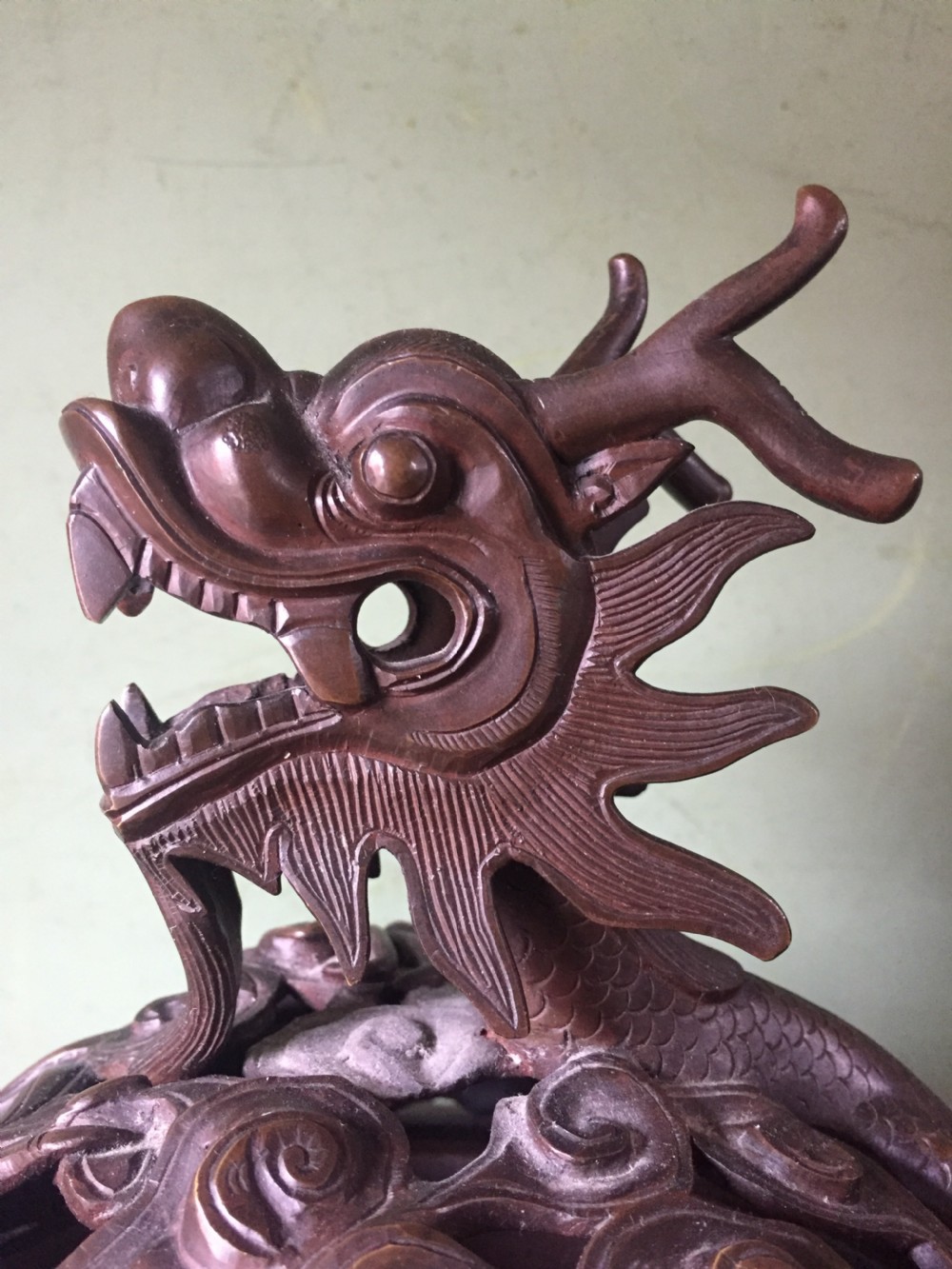 C19th Chinese Qing Dynasty cast bronze 'dragon' censer , or incense burner , and cover on original carved hardwood stand . View XVI
