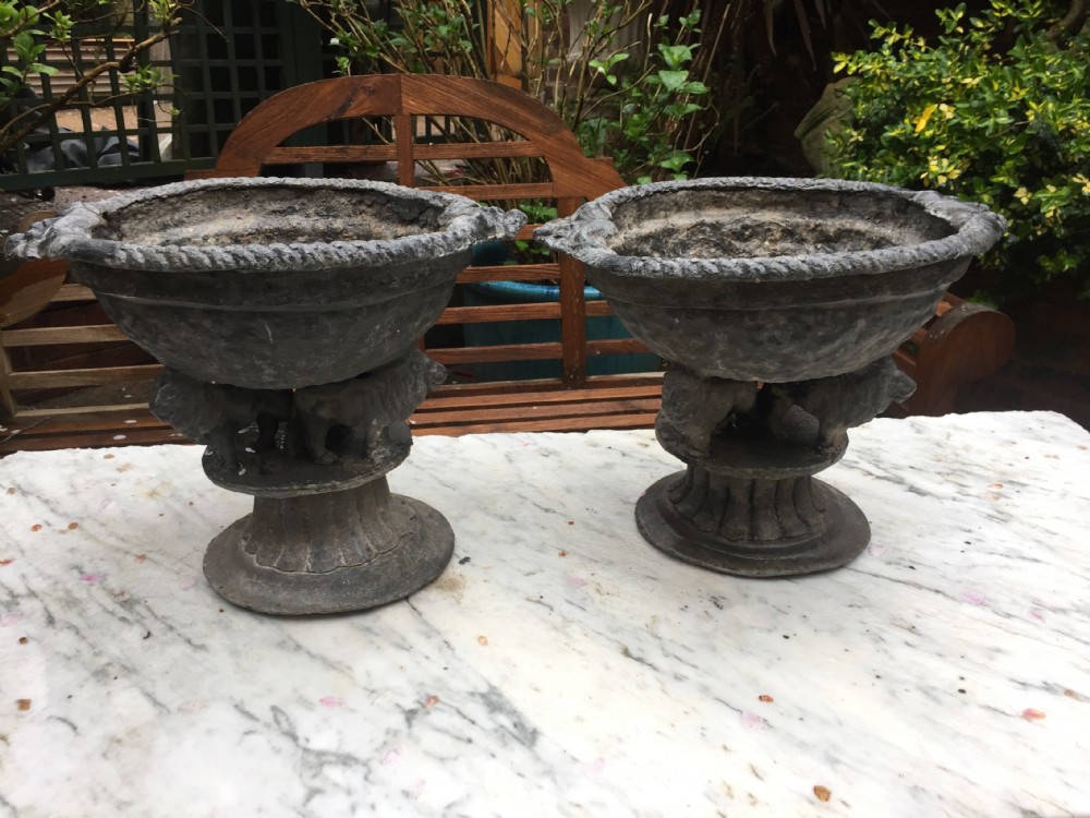 Pair of early C19th lead planters or jardinieres of tazza form raised on unusual triple pacing lion supports. View XIX