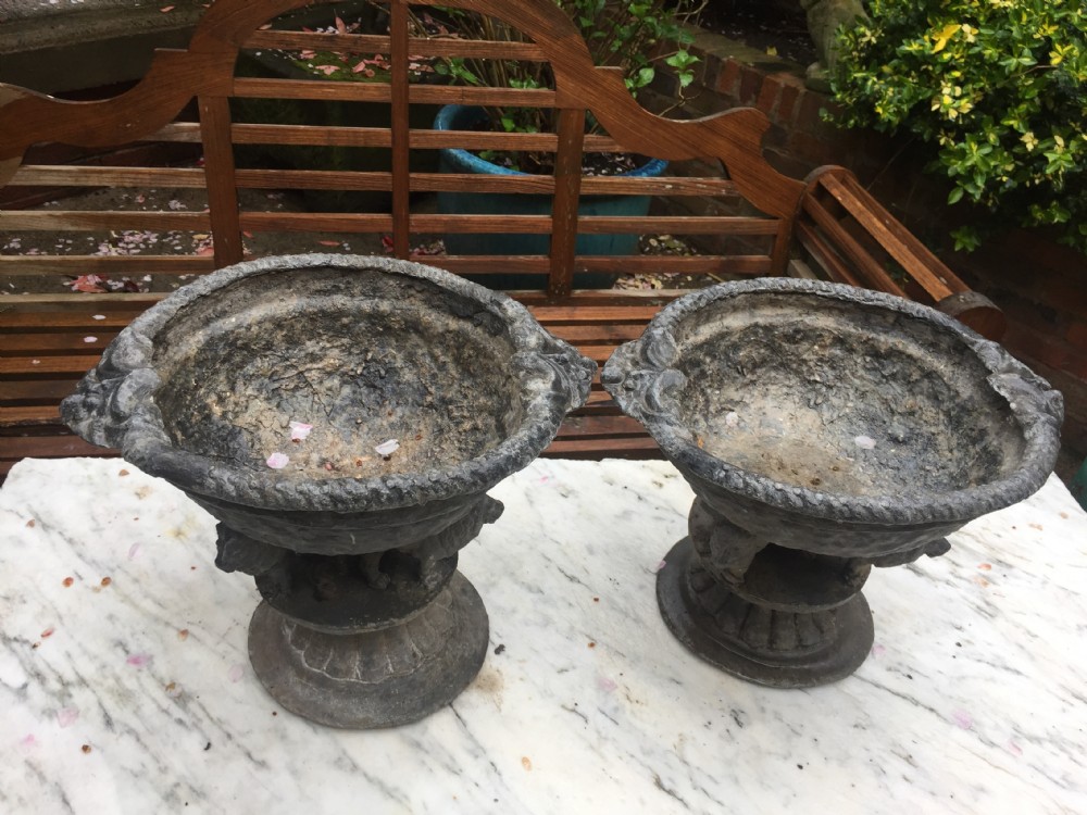 Pair of early C19th lead planters or jardinieres of tazza form raised on unusual triple pacing lion supports. View VI