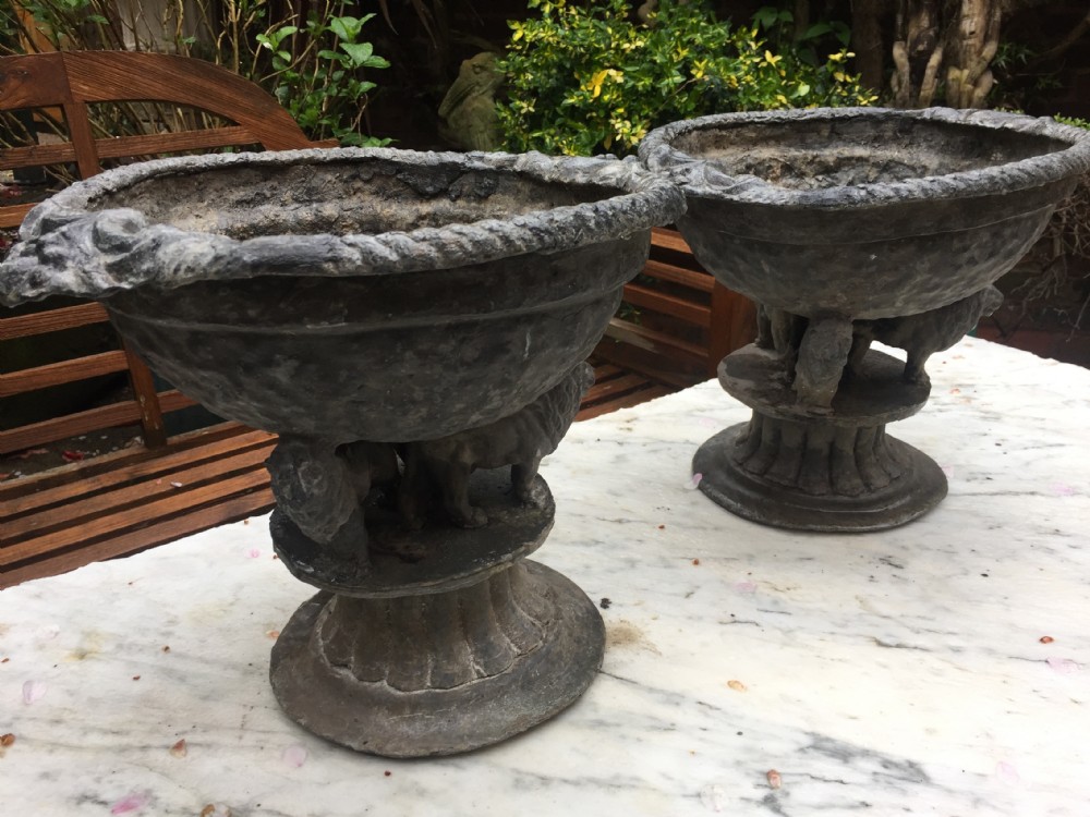 Pair of early C19th lead planters or jardinieres of tazza form raised on unusual triple pacing lion supports. View XXIX