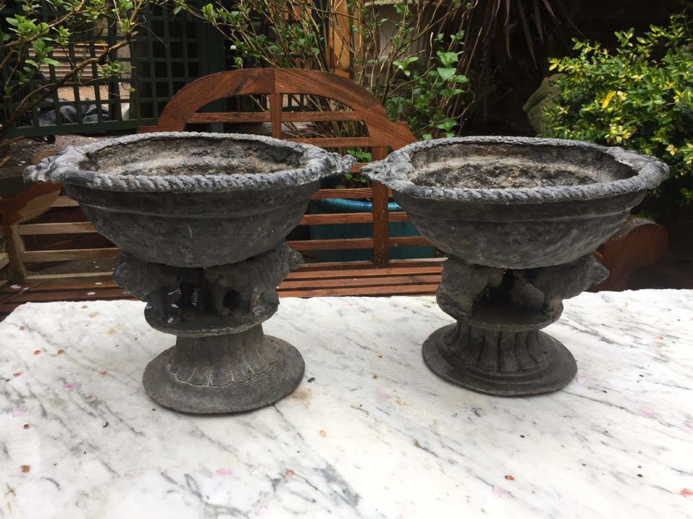 Pair of early C19th lead planters or jardinieres of tazza form raised on unusual triple pacing lion supports. View XXXI