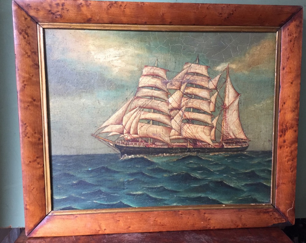 Charming mid C19th oil-on-board painting of a 3-masted ship , possibly a Tea Clipper , in full sail upon a choppy sea 