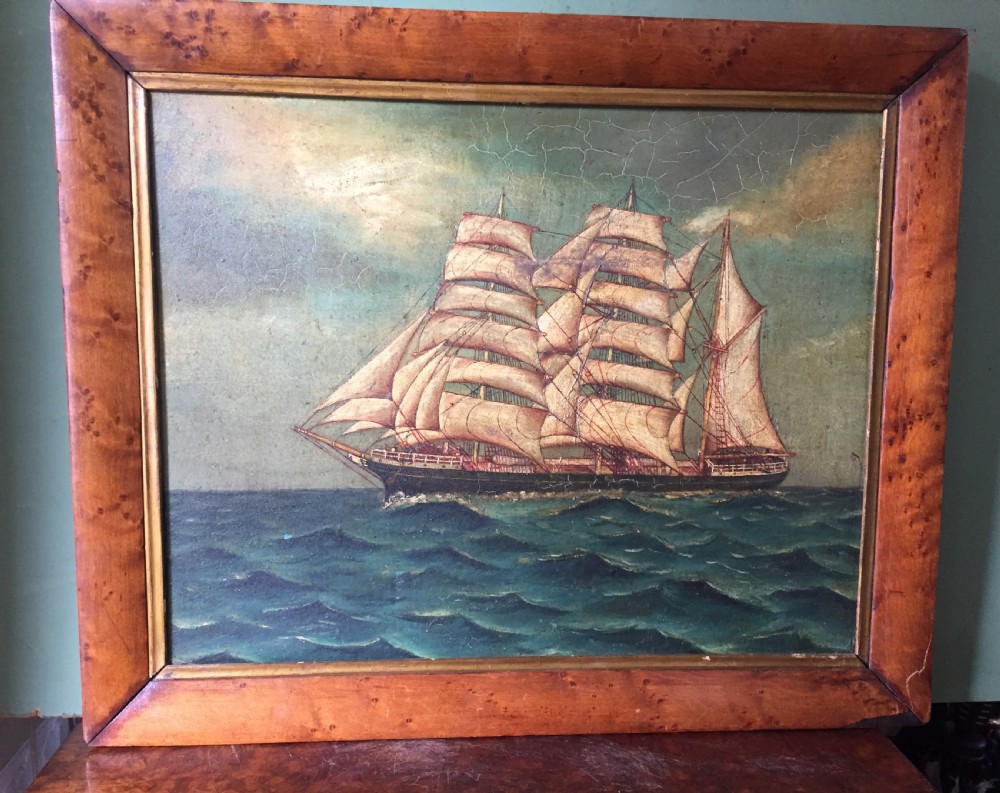 Charming mid C19th oil-on-board painting of a 3-masted ship , possibly a Tea Clipper , in full sail upon a choppy sea  View II