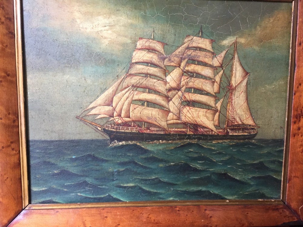 Charming mid C19th oil-on-board painting of a 3-masted ship , possibly a Tea Clipper , in full sail upon a choppy sea  View III