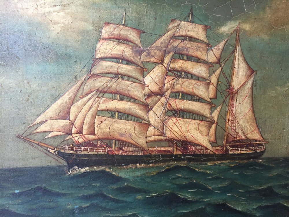 Charming mid C19th oil-on-board painting of a 3-masted ship , possibly a Tea Clipper , in full sail upon a choppy sea  View IV