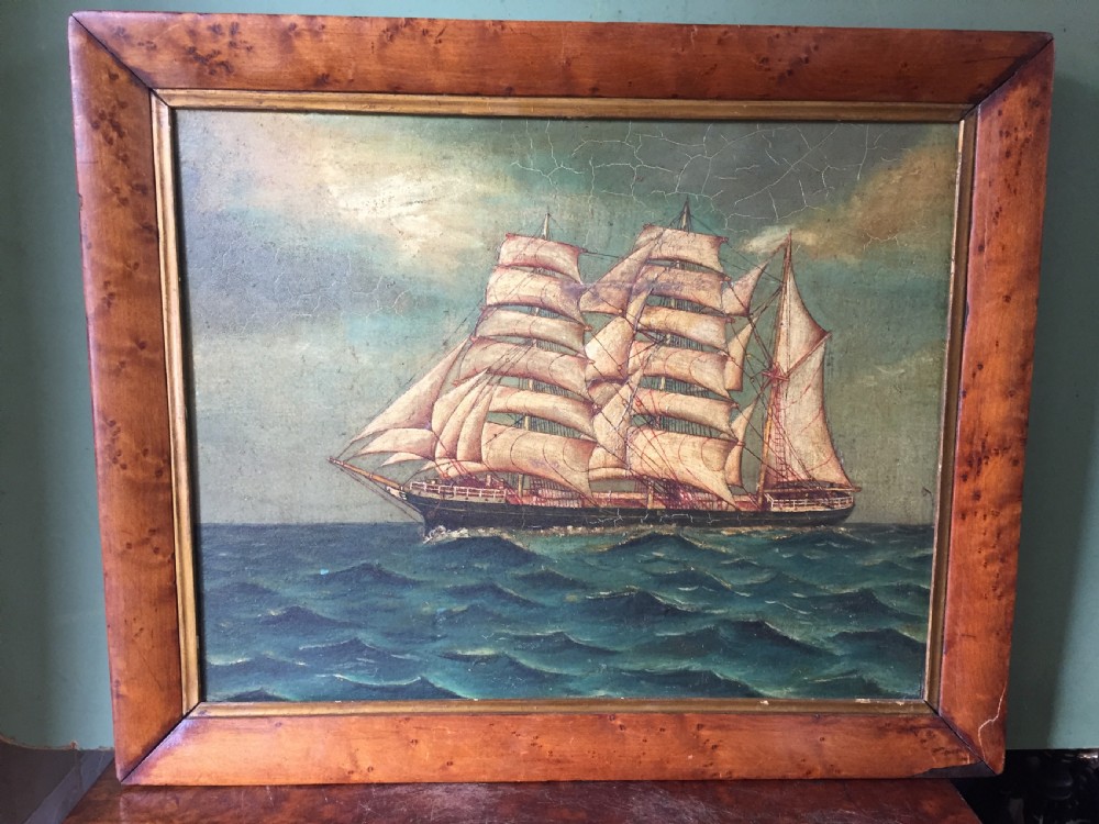 Charming mid C19th oil-on-board painting of a 3-masted ship , possibly a Tea Clipper , in full sail upon a choppy sea  View V