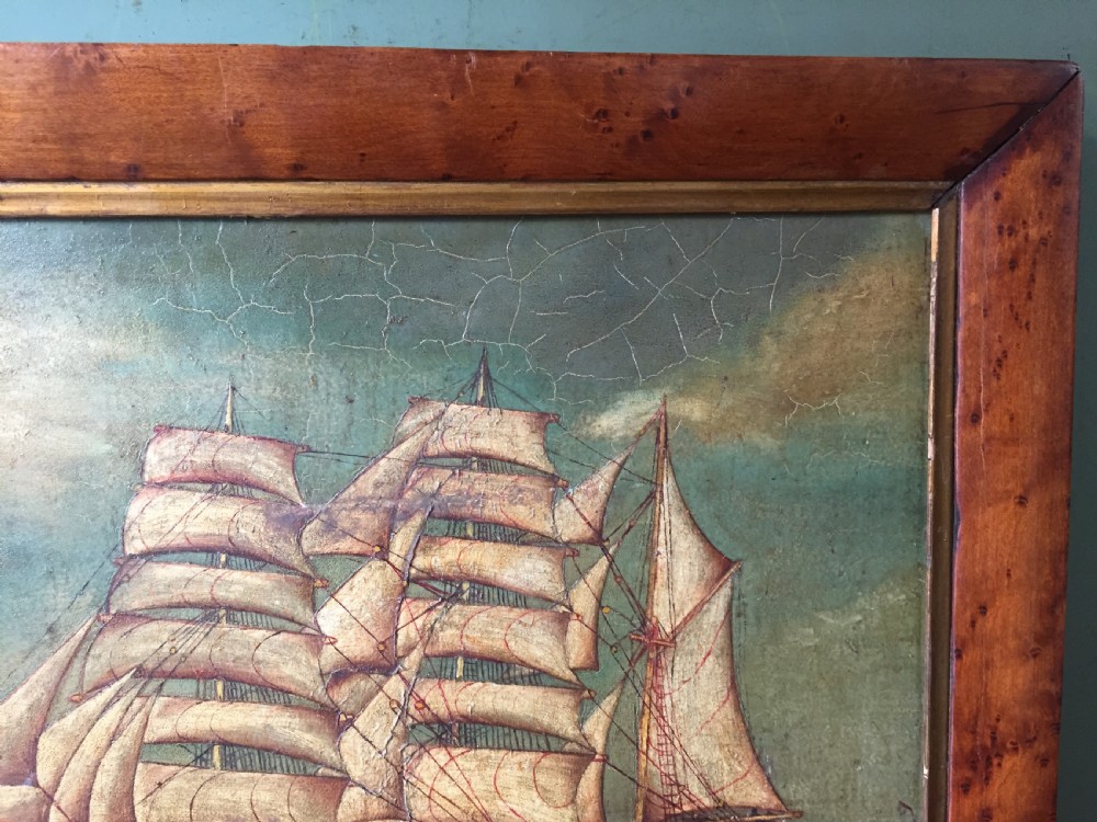 Charming mid C19th oil-on-board painting of a 3-masted ship , possibly a Tea Clipper , in full sail upon a choppy sea  View VI