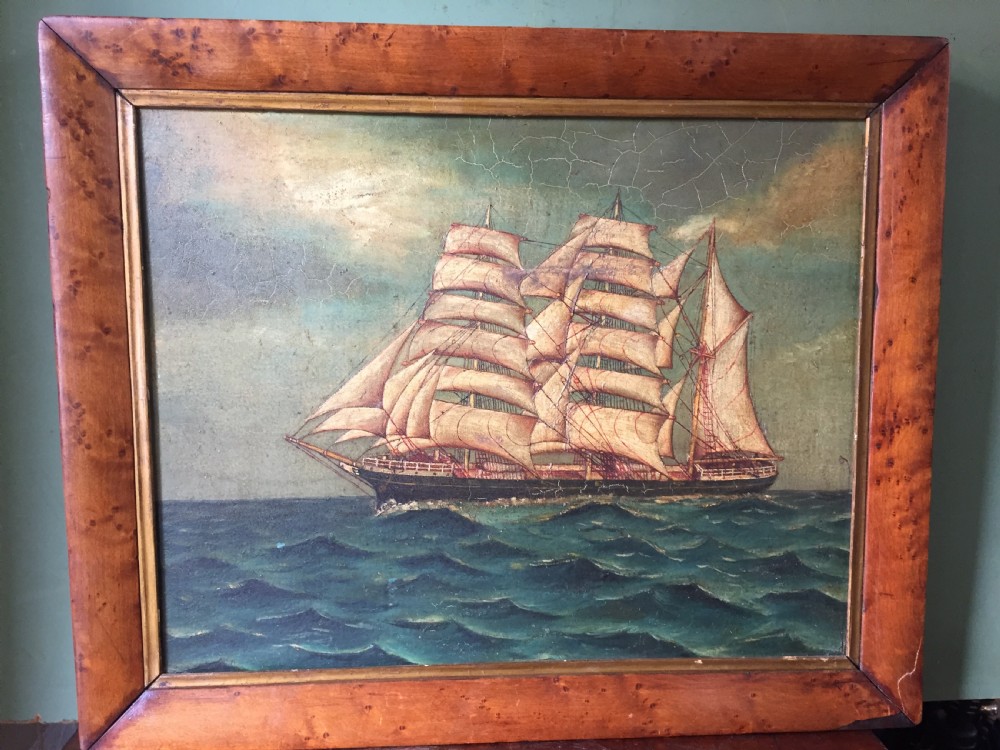 Charming mid C19th oil-on-board painting of a 3-masted ship , possibly a Tea Clipper , in full sail upon a choppy sea  View VII