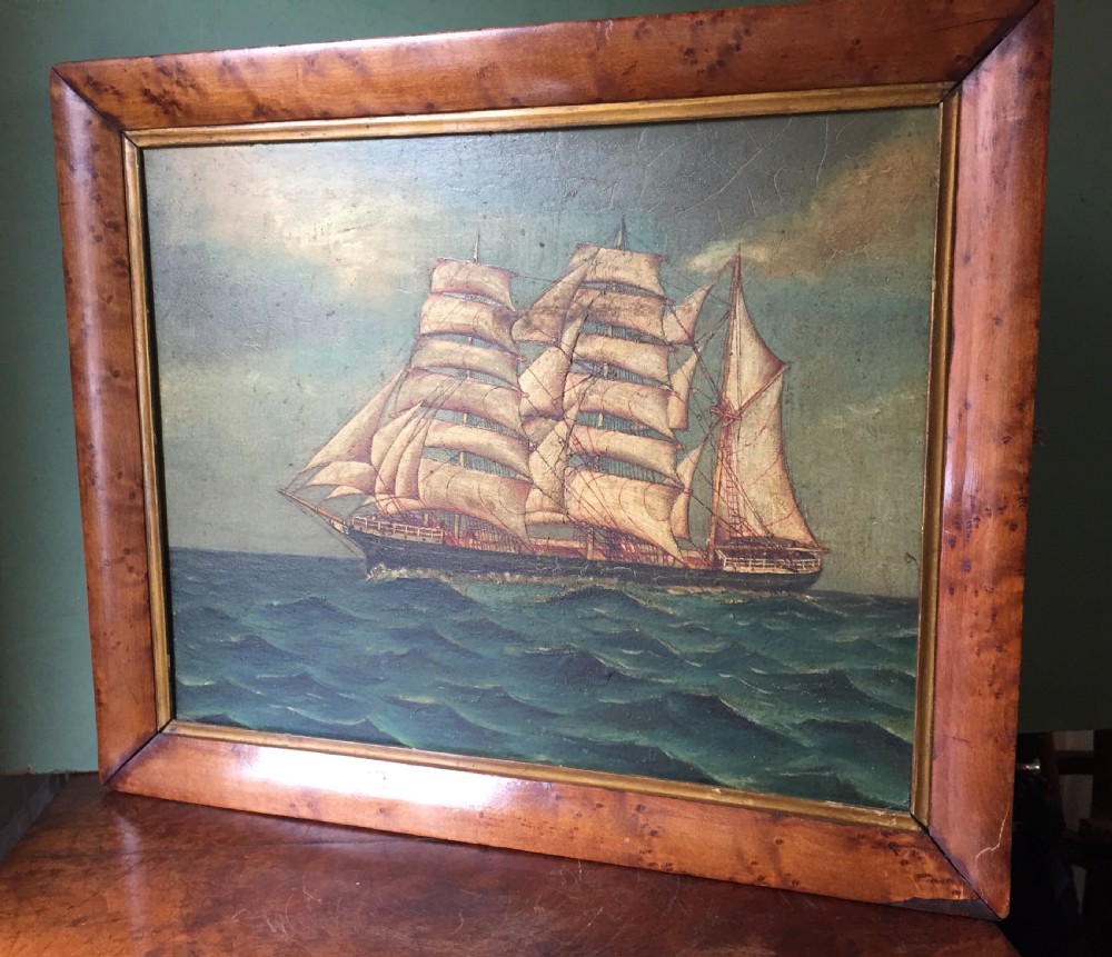 Charming mid C19th oil-on-board painting of a 3-masted ship , possibly a Tea Clipper , in full sail upon a choppy sea  View VIII