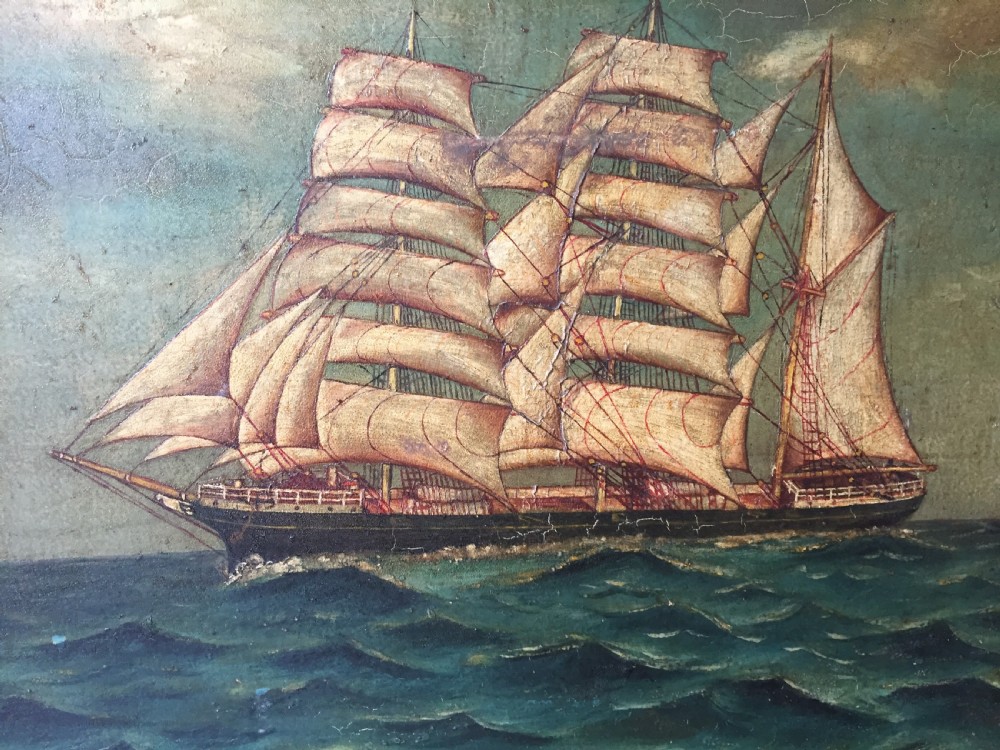 Charming mid C19th oil-on-board painting of a 3-masted ship , possibly a Tea Clipper , in full sail upon a choppy sea  View IX