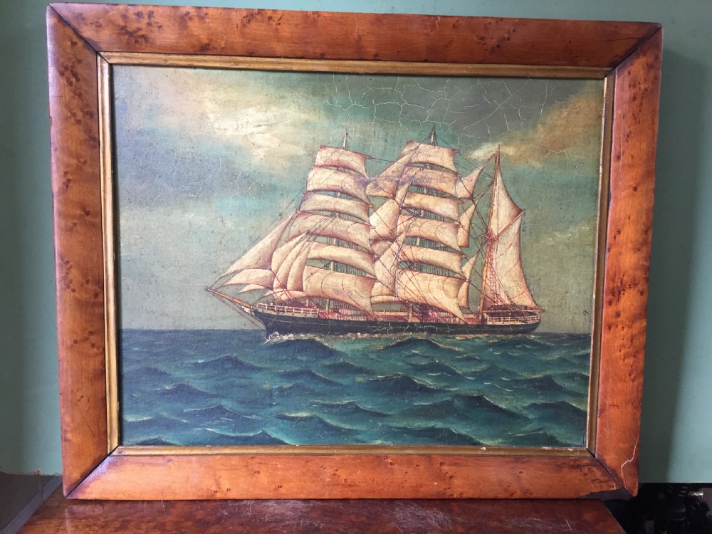 Charming mid C19th oil-on-board painting of a 3-masted ship , possibly a Tea Clipper , in full sail upon a choppy sea  View XI