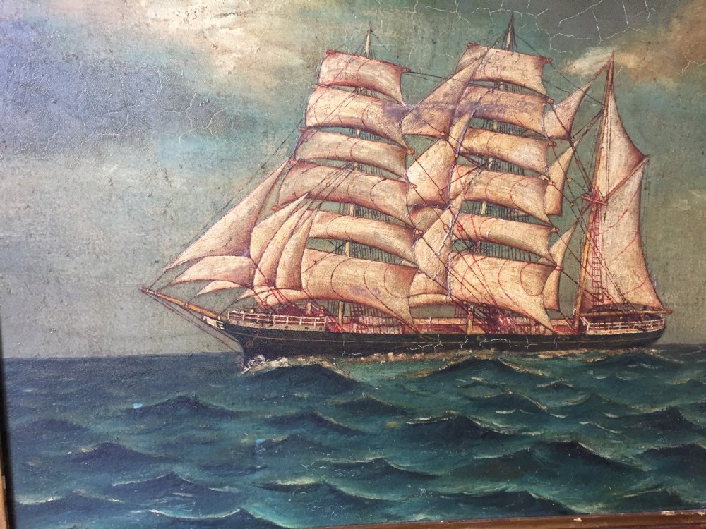 Charming mid C19th oil-on-board painting of a 3-masted ship , possibly a Tea Clipper , in full sail upon a choppy sea  View XII
