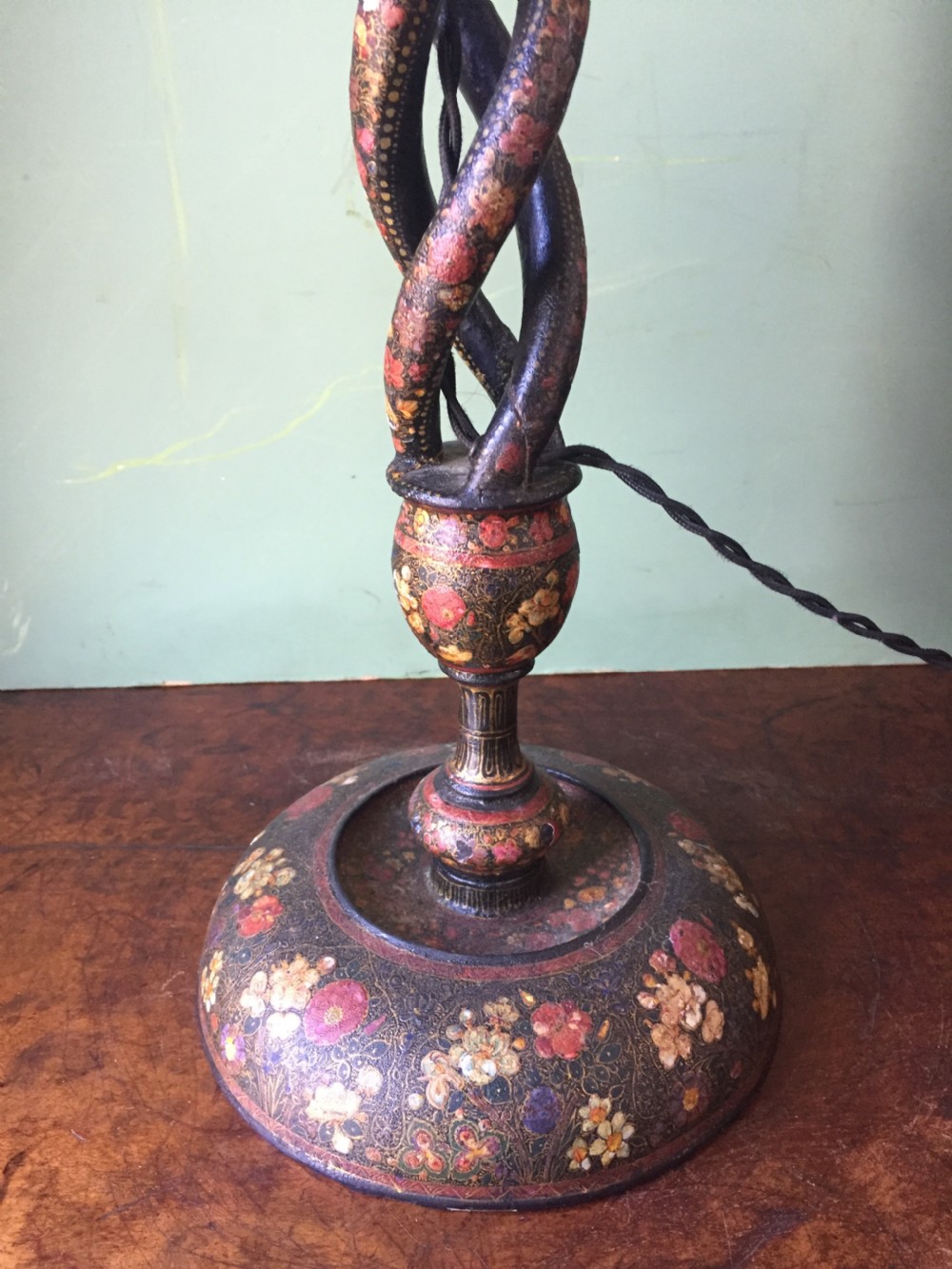 Late C19th Indian papier-mâché Kashmiri decorated table lamp. View III